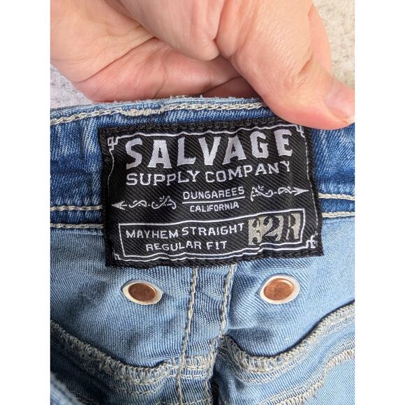 Salvage Buckle Jeans Mens 32R 32x32 Blue Mayhem Straight Leg Distressed Stretch - Picture 15 of 16
